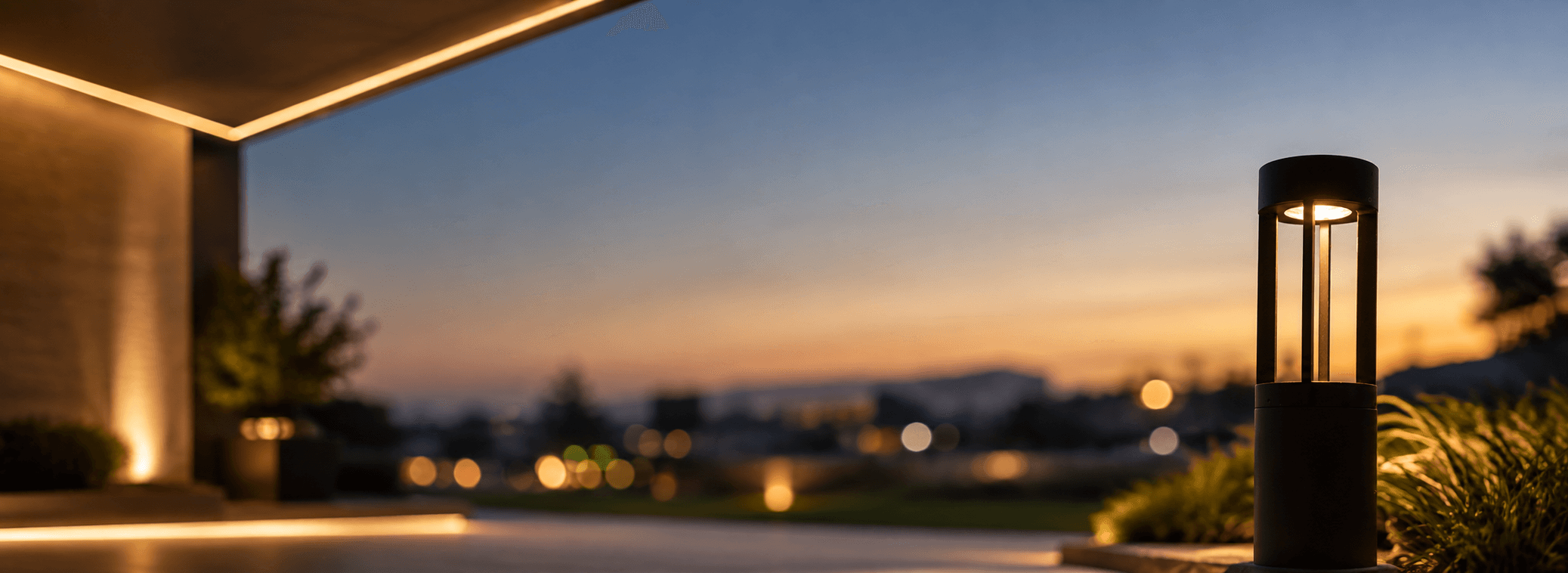 Modern home glowing with warm architectural lighting at dusk